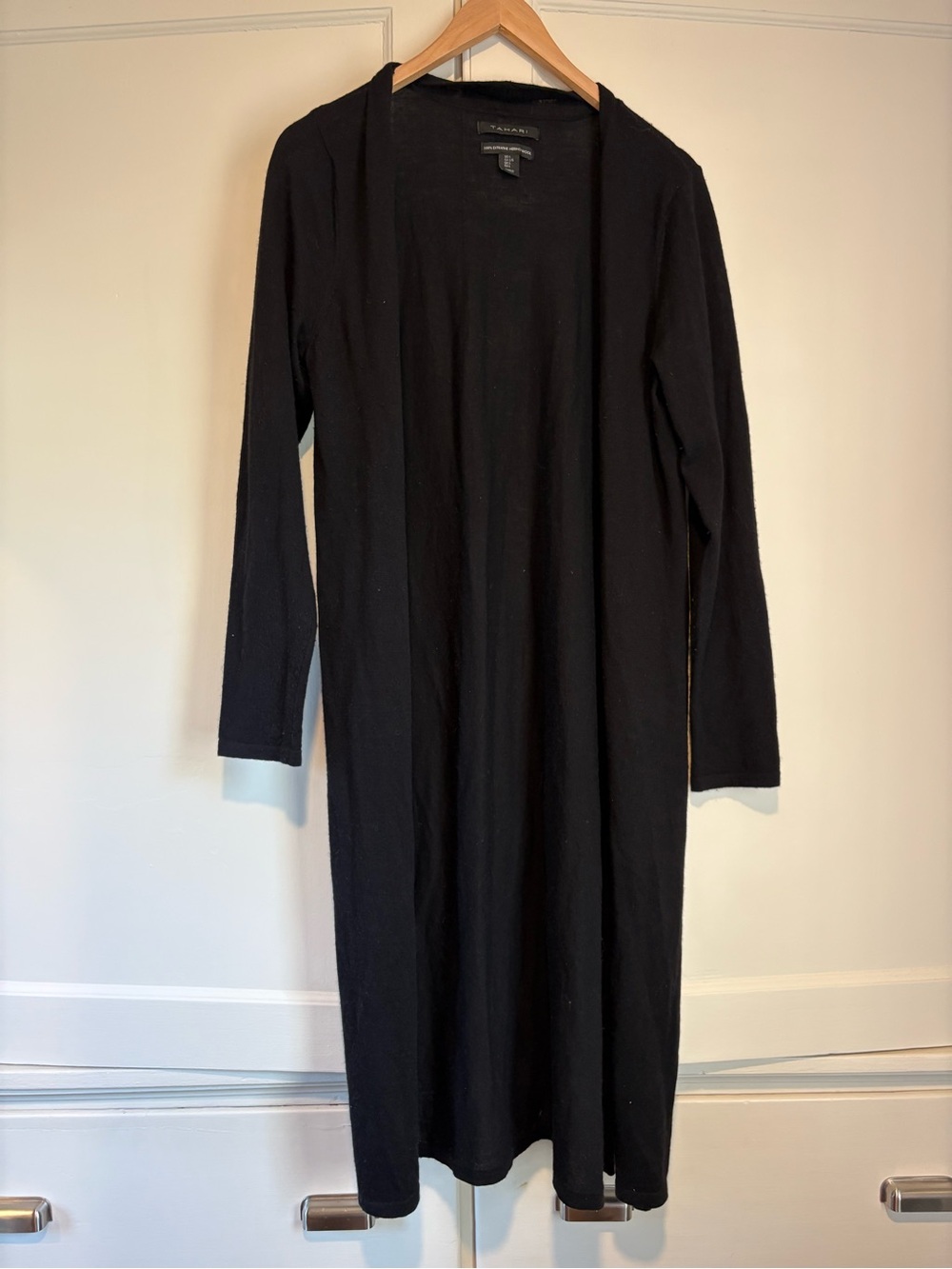Tahari Black Extra Fine Merino Wool Lightweight Duster Cardigan